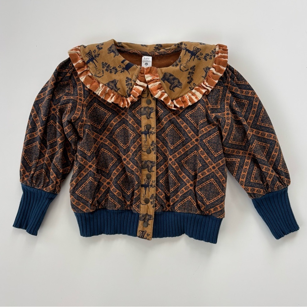 Kate Quinn Little Girls Brown Blue Velvet Ruffle Button Up Sweater Jacket Sz 5/6